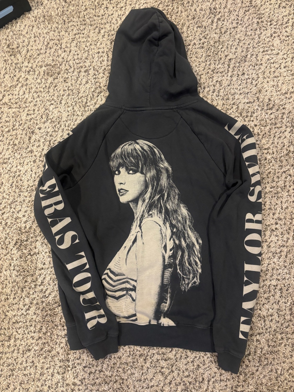 Taylor Swift Black Hoodie with Cream Portrait and Sleeve Tour Text